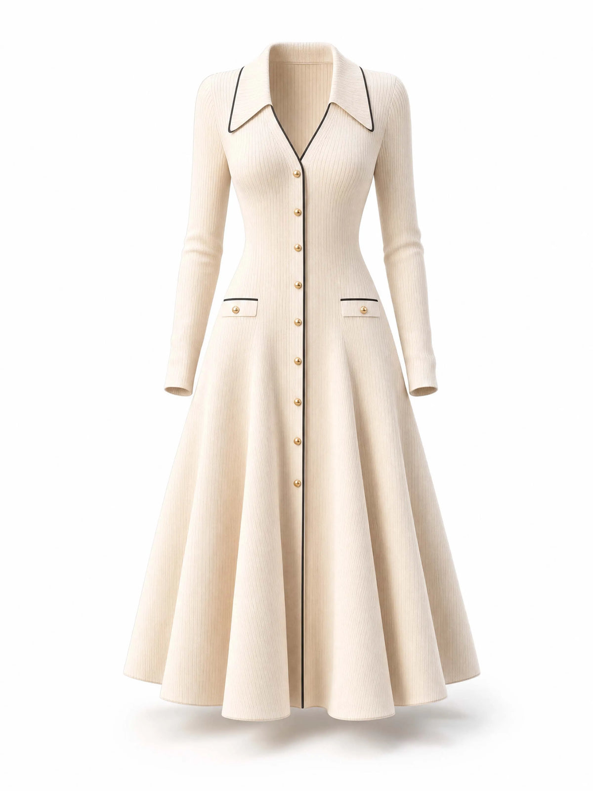 Vintage Collared Button‑Front Midi Knit Dress