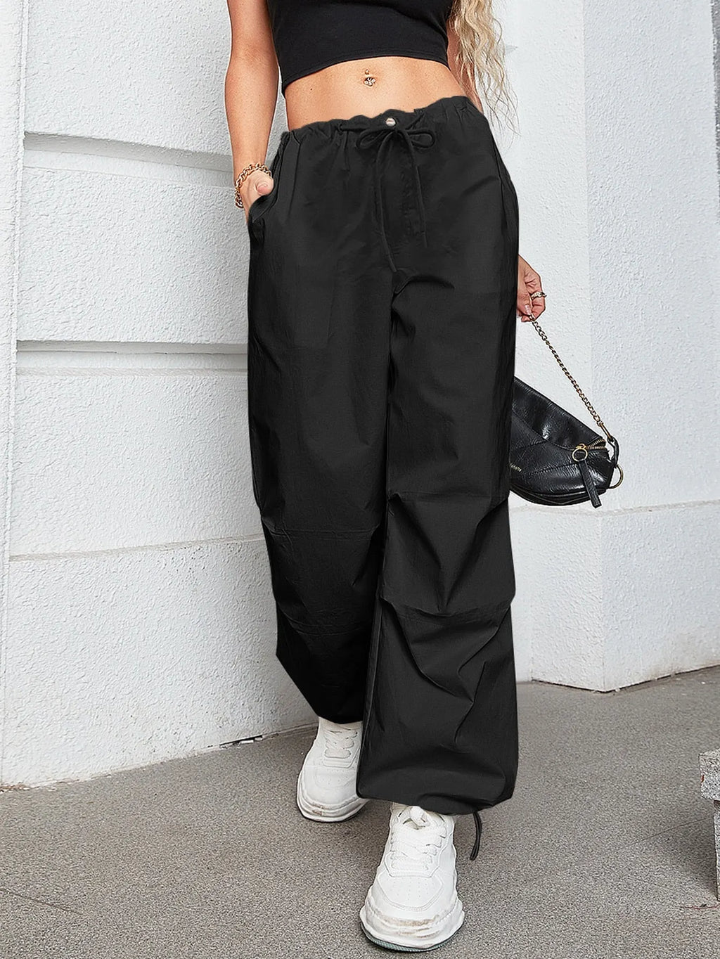 Oversized Drawstring Low Waist Slant Pocket Cargo Parachute Pants