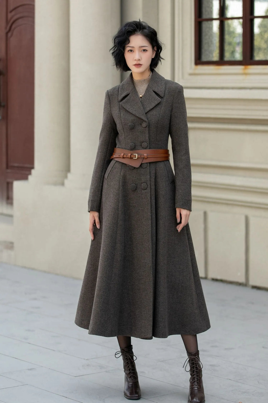 Chocolate Brown Wool Maxi Coat - Vintage Double-Breasted Fitted Waist 5460