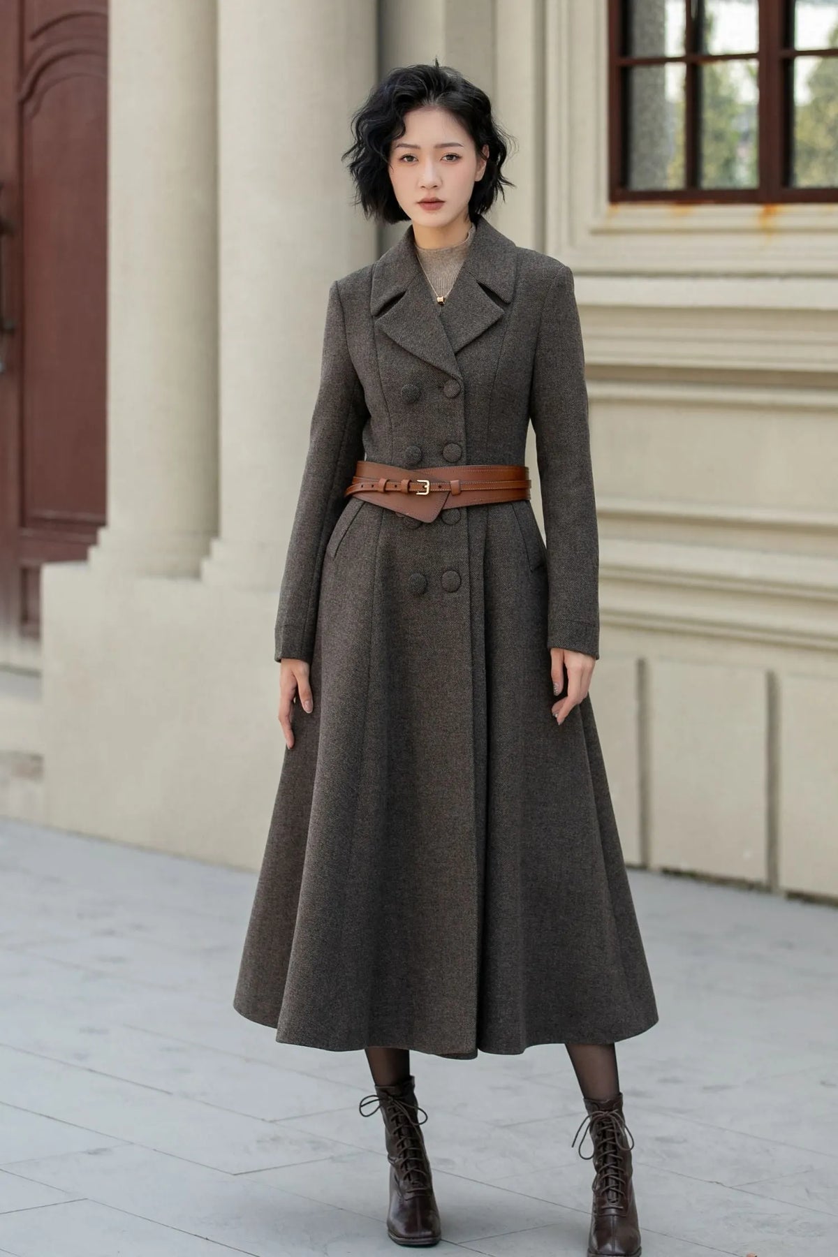Chocolate Brown Wool Maxi Coat - Vintage Double-Breasted Fitted Waist 5460