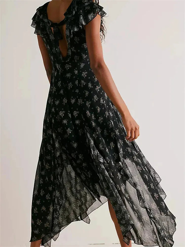 Retro Women Summer Casual Floral Print Ruffles Sleeveless V-Neck Fashion Holiday Beach Vestidos