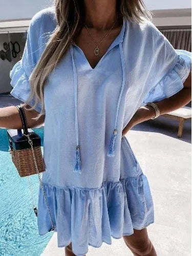 V-neck Short-sleeved Solid Color Short Dress