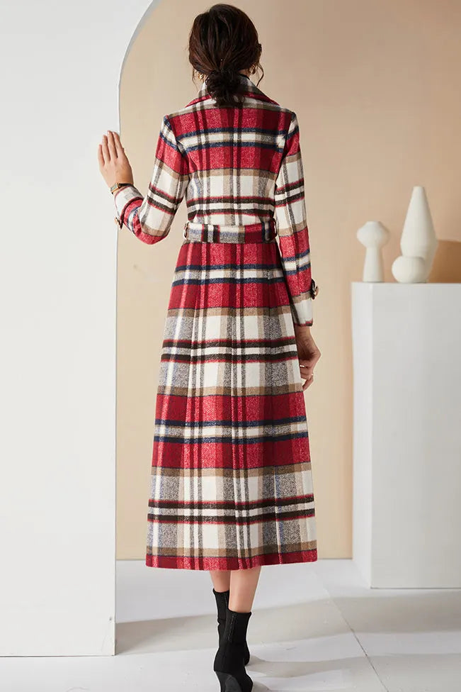 Handmade Plaid Wool Coat – Vintage Red Check Double-Breasted Long Belted Overcoat 