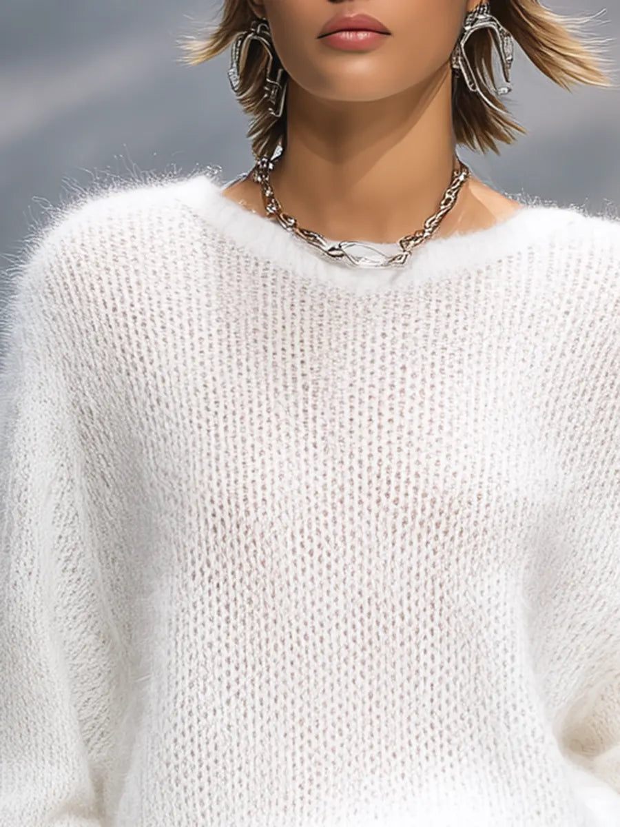 Elegant Solid Color Round Neck Loose Pullover Sweater