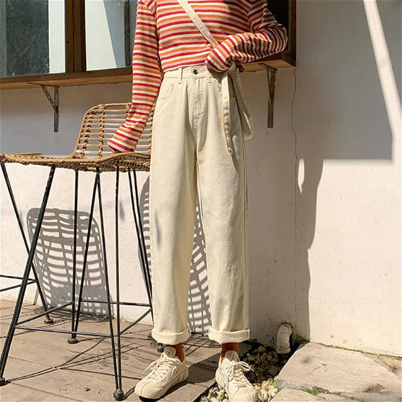 KittenAlarm - High Waist Retro Simple Long Jeans Pants