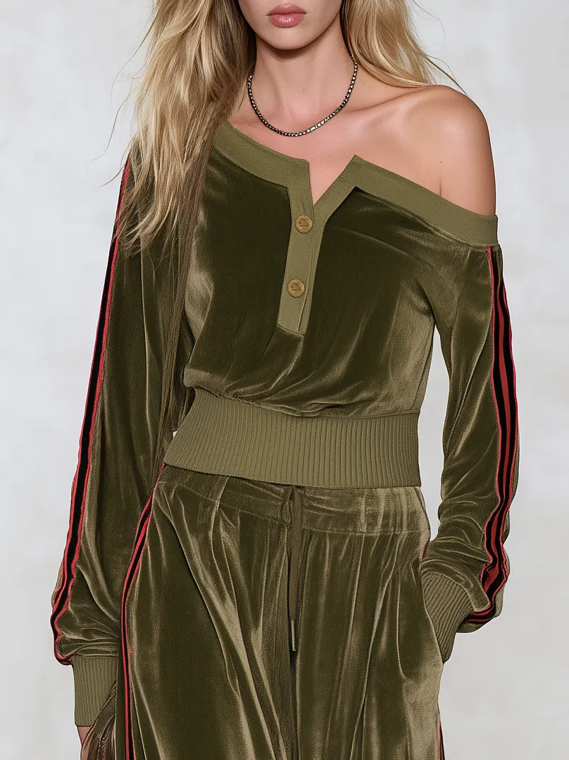 Sophisticated And Elegant Urban-style Color-block Velvet Set With An Asymmetrical Off-shoulder Top And Trousers