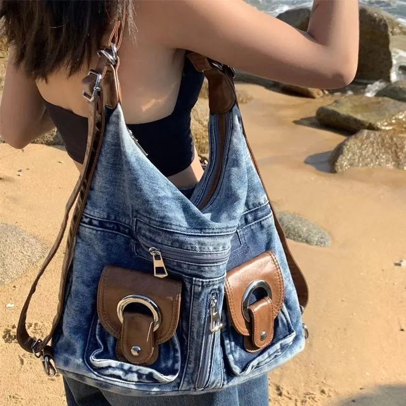 Women's Vintage Stylish Denim Handbag With Leather Accents