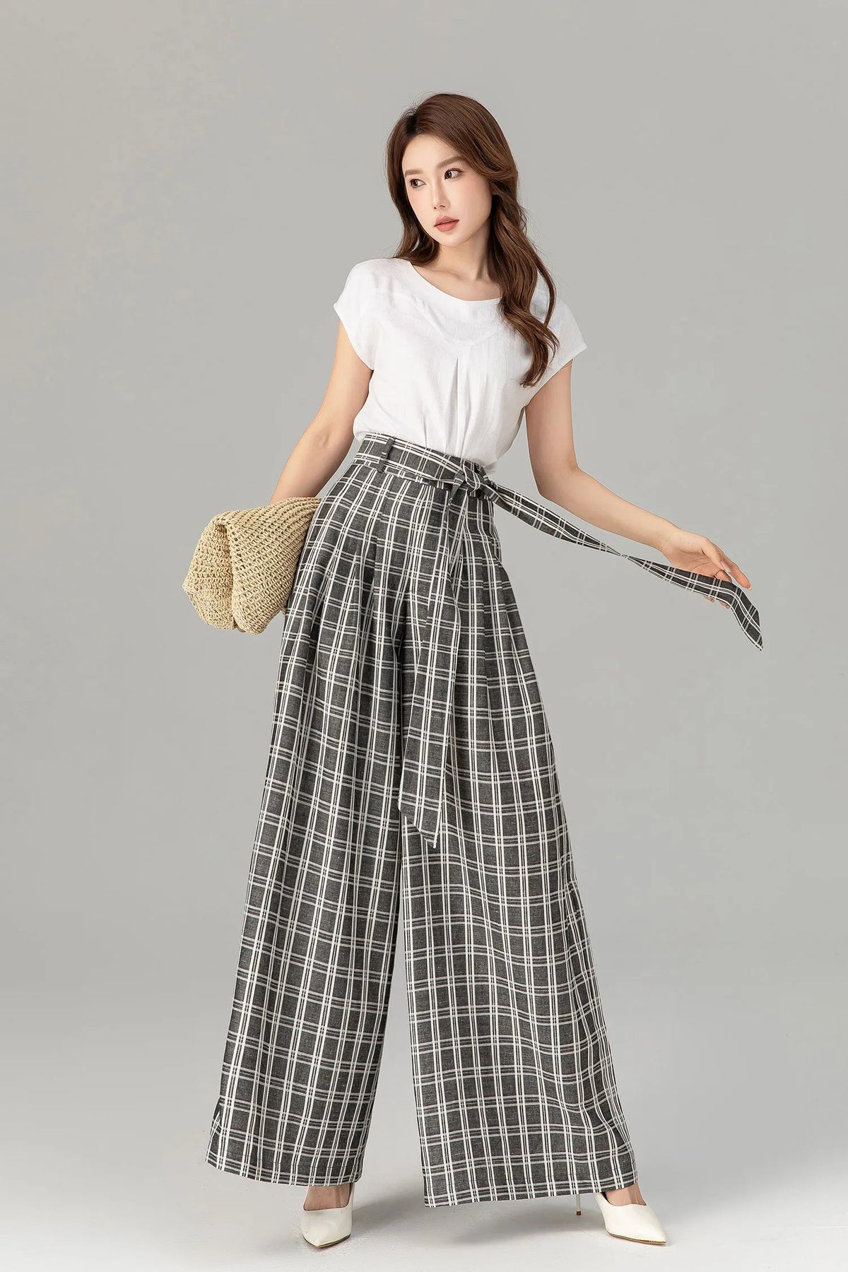 Black & White Linen Pants - Wide Leg, High Waisted with Tie Belt 4928