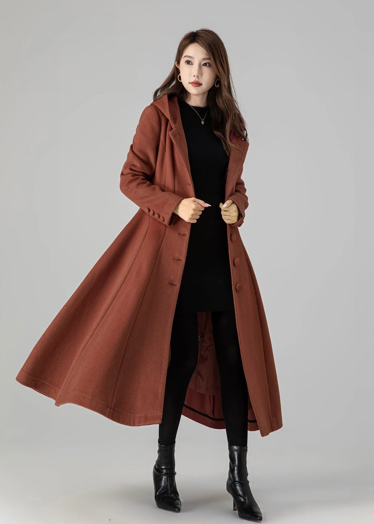 Fit and Flare Wool Coat Dress – Women’s Winter Long Sleeve Midi 5504