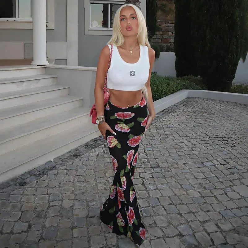 Rose Print Sheer Party Mesh Long Skirt