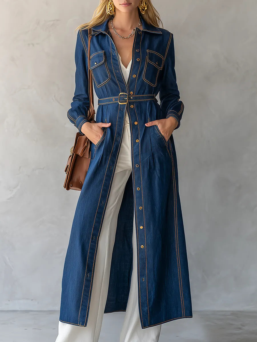 Belted Indigo Contrast Stitching Denim Duster Coat