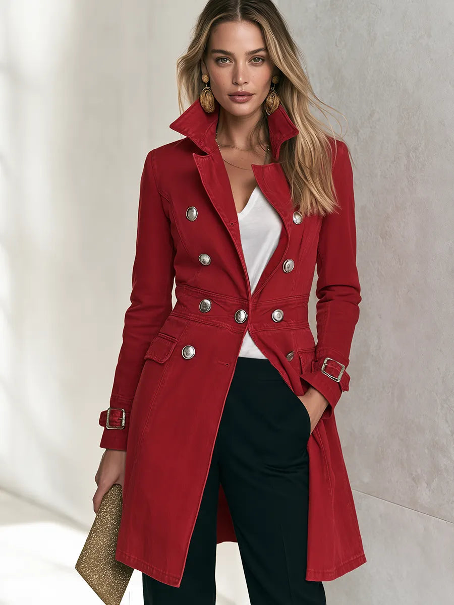 Women's Red Double-Breasted Denim Trench Coat