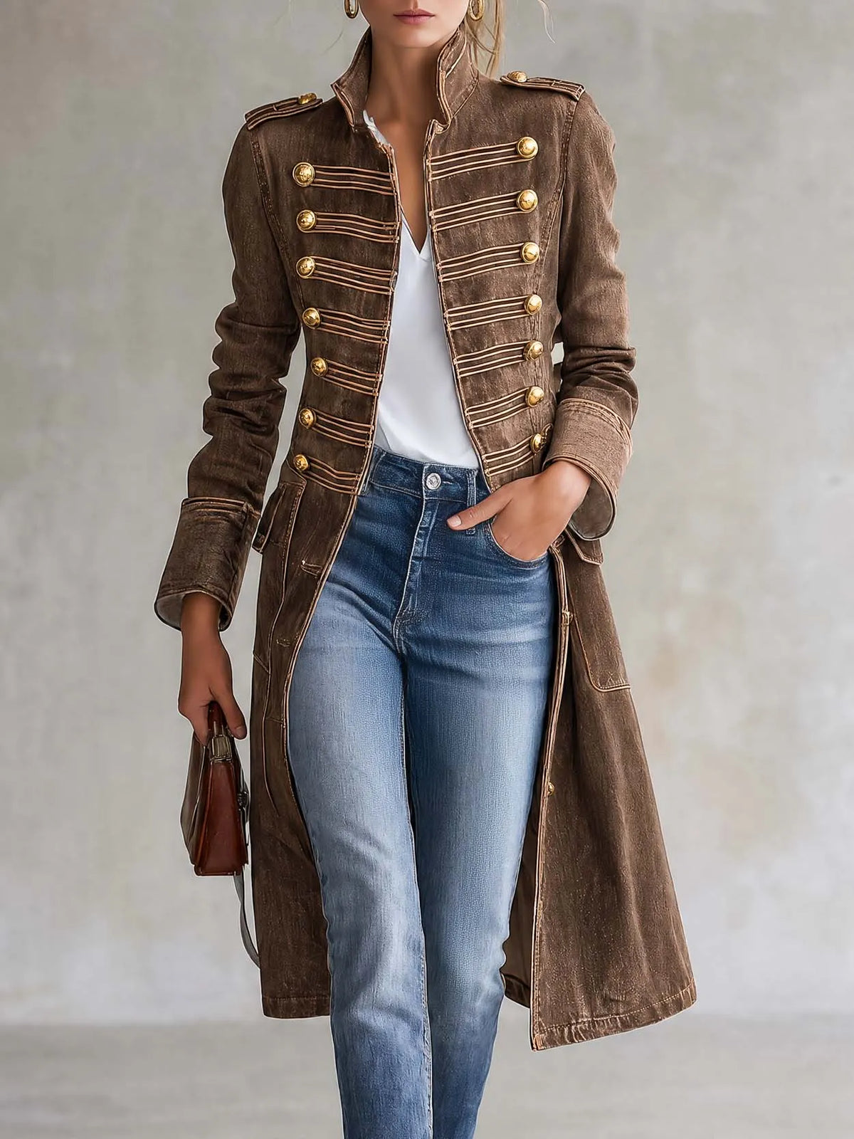 Vintage Washed Denim Military Officer Longline Gold-Button Fitted Statement Coat Women