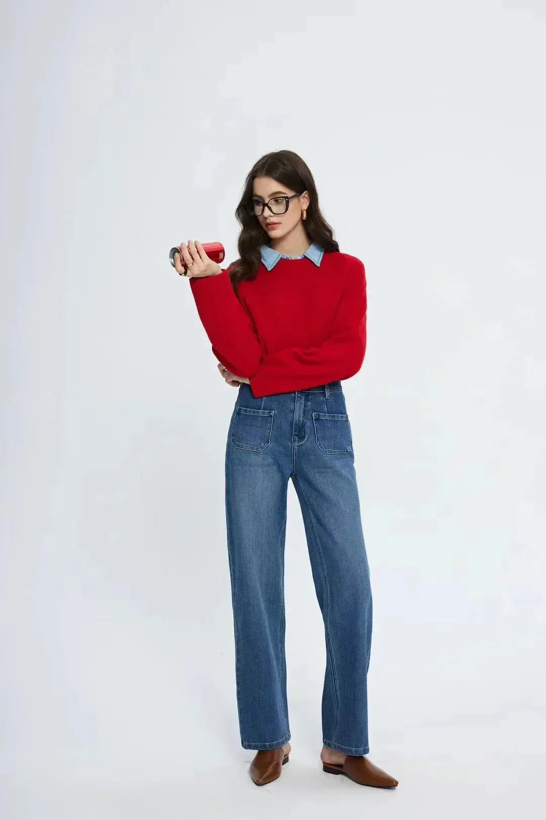 Pockets Women Temperament High Waist Straight Denim Pant Females Vintage Simple Streetwear Washed Chic New Jean