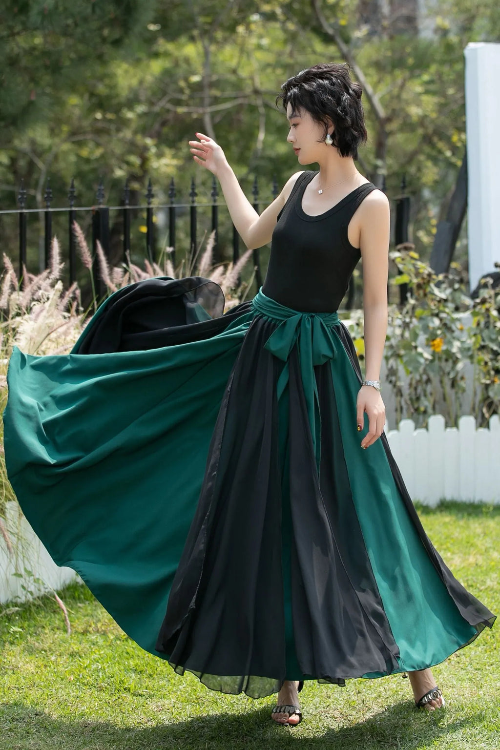 Black and Emerald Green Chiffon Maxi Skirt 