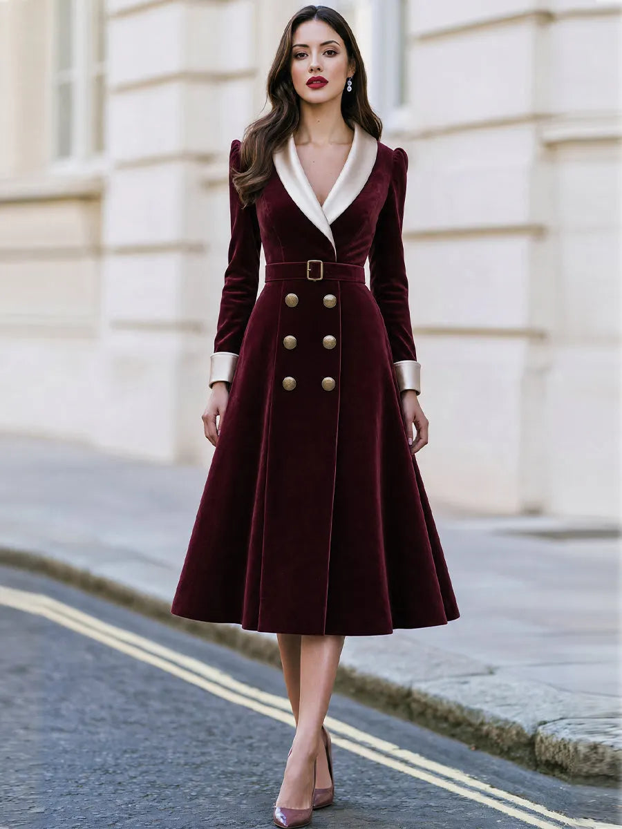 Satin‐Lapel Belted Double‐Breasted Velvet Midi Fit‐and‐Flare Dress