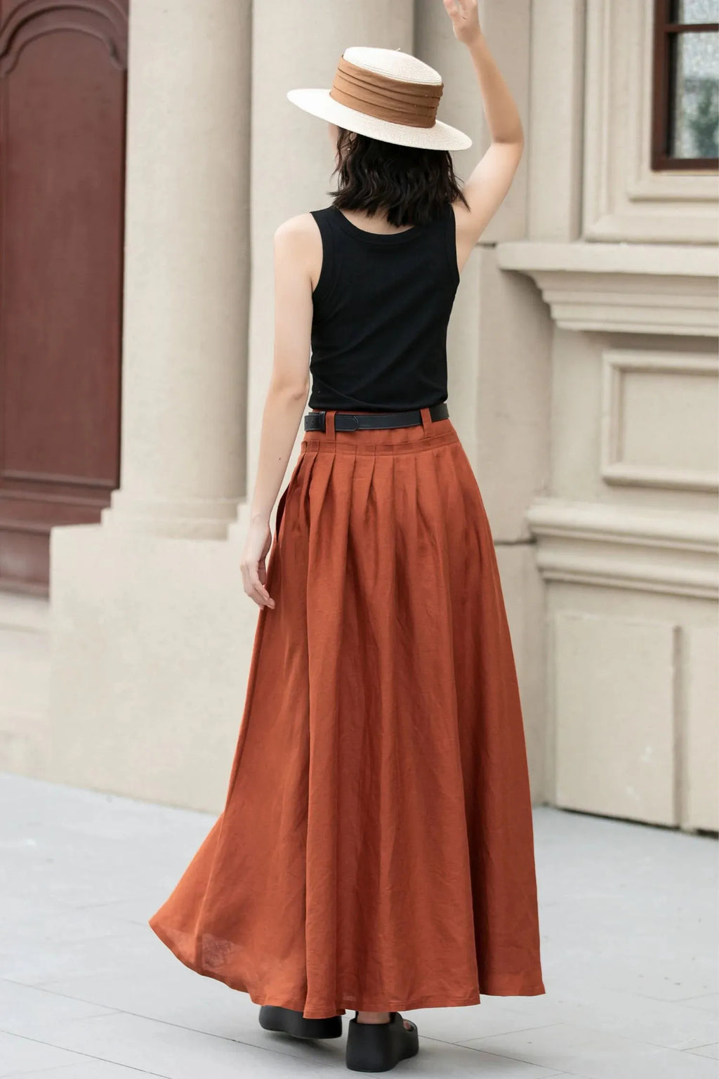 Orange Linen Cotton Blend Maxi Skirt - Pleated High Waist Swing 5191