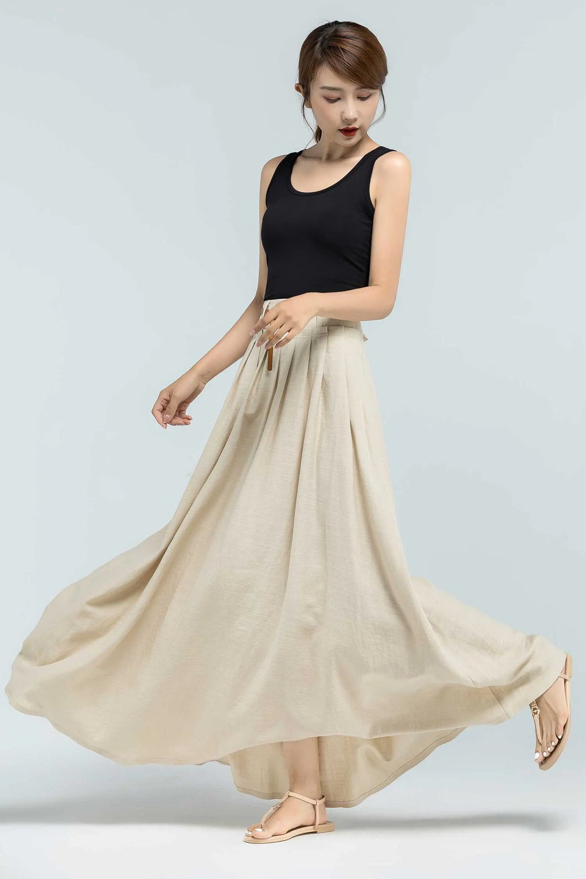 Handmade Linen Maxi Skirt – Beige Pleated Swing Long Skirt with Pockets 