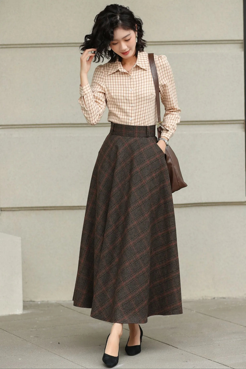 Handmade Dark Brown Plaid Wool Maxi Skirt – High Waist A-line Winter Elegance 6424