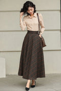 Handmade Dark Brown Plaid Wool Maxi Skirt – High Waist A-line Winter Elegance 6424