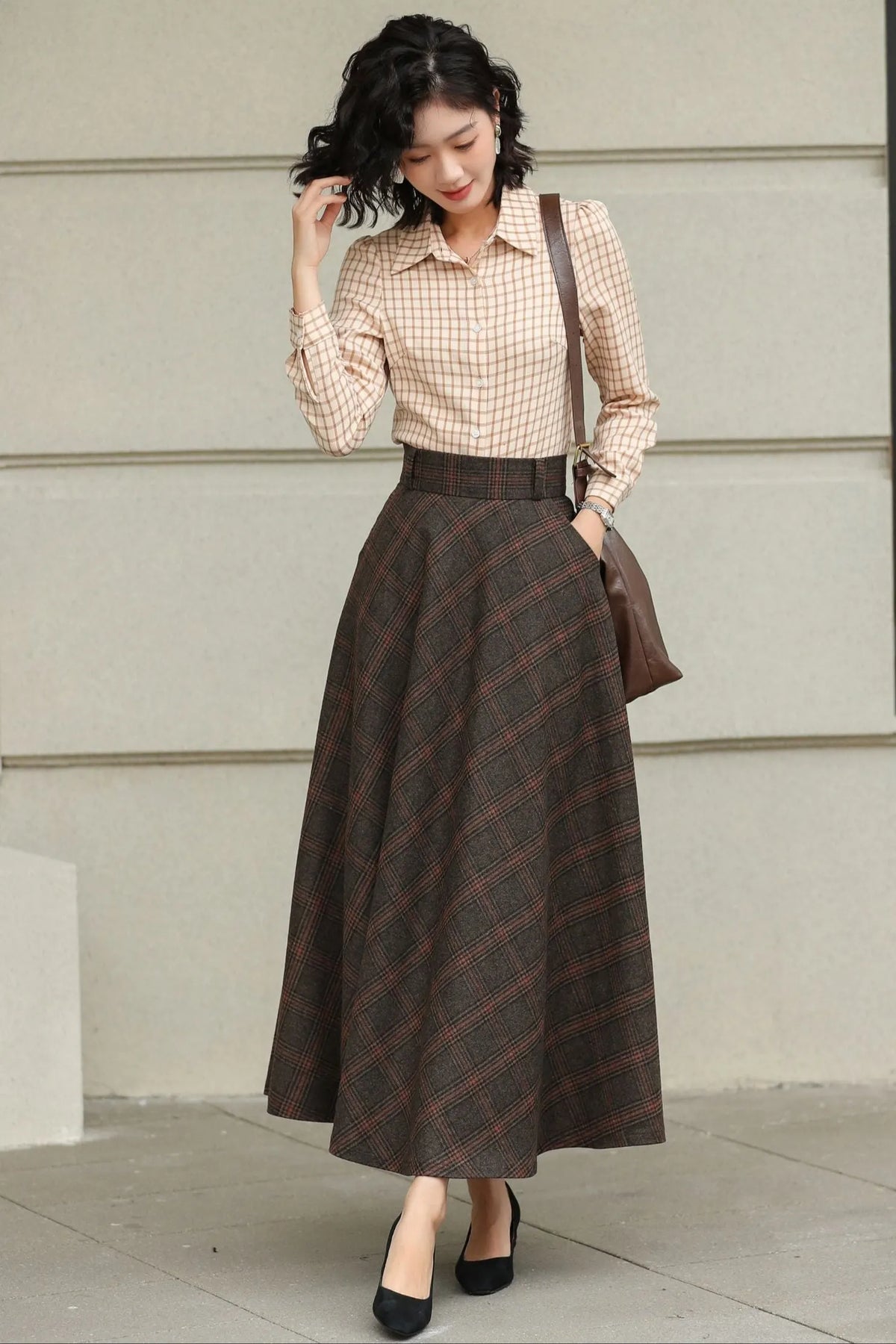 Handmade Dark Brown Plaid Wool Maxi Skirt – High Waist A-line Winter Elegance 6424