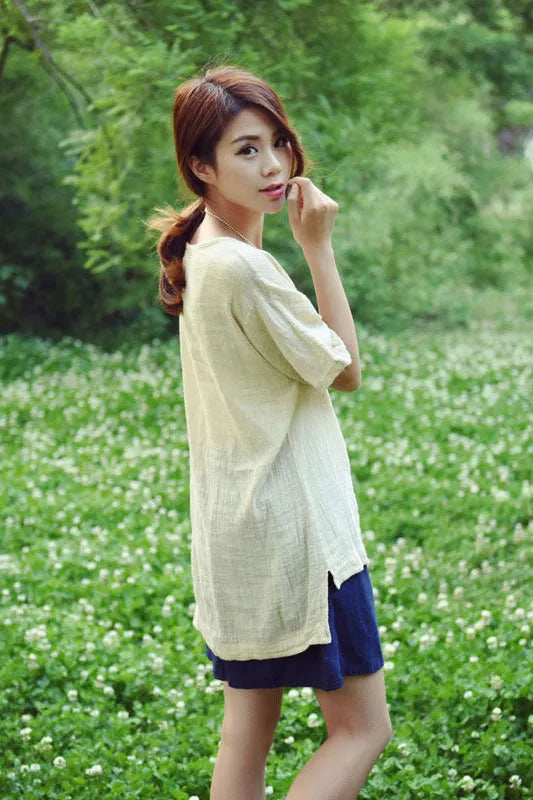 Linen Tunic Top - Round Neck Half Sleeve Longline 