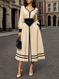 Vintage Cream Contrast Pearl-Trim A-Line Midi Dress