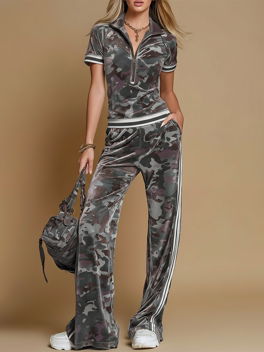 Retro Color-blocked Striped Trim Camouflage Velvet T-shirt And Pants Set