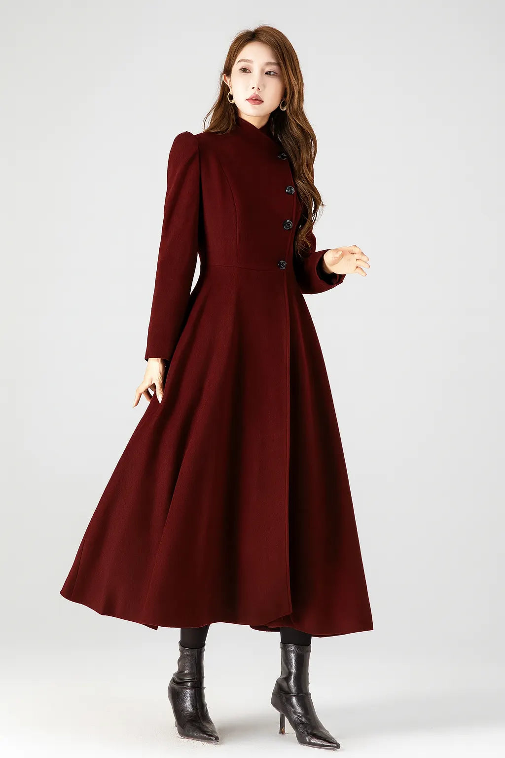 Handmade Burgundy Wool Long Coat – Elegant High Neck Fit & Flare Winter Overcoat 4511