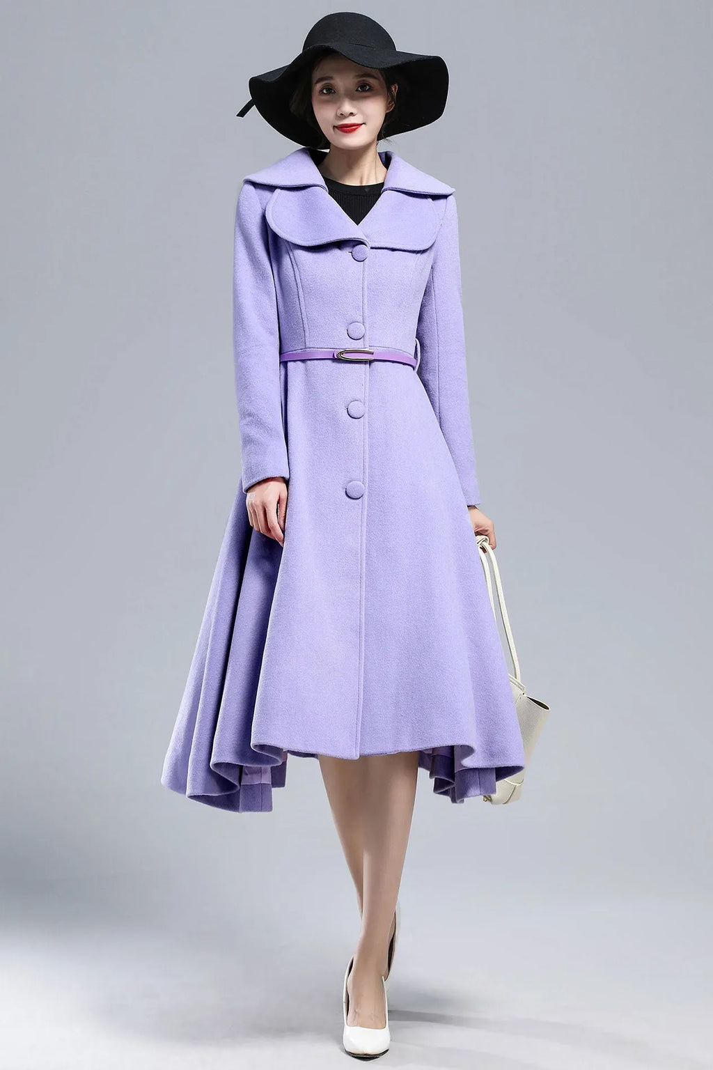 Xiaolizi Purple Wool Coat for Women – Handmade Vintage Fit-and-Flare Winter Overcoat with Double-Folded Lapel Collar 316