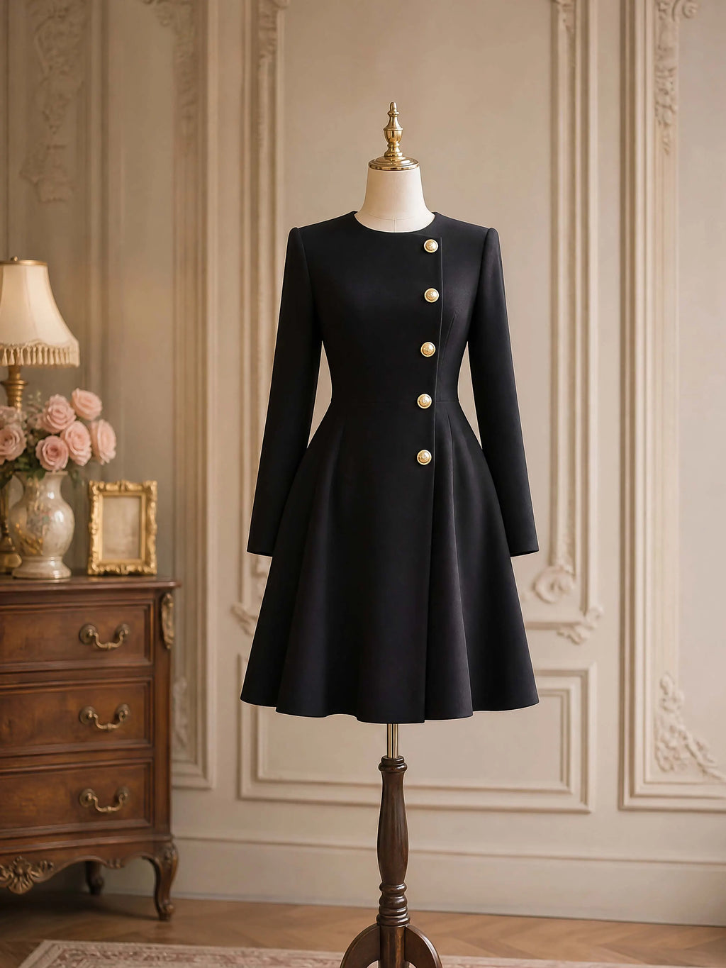 Vintage Gold Button Midi A‑Line Coat