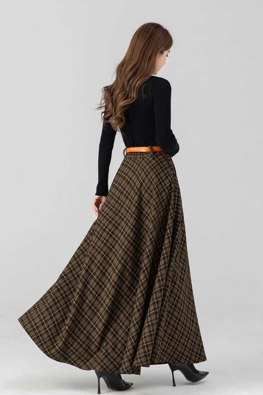 Handmade Brown Plaid Wool Maxi Skirt – High Waist Pleated Winter Long Skirt 