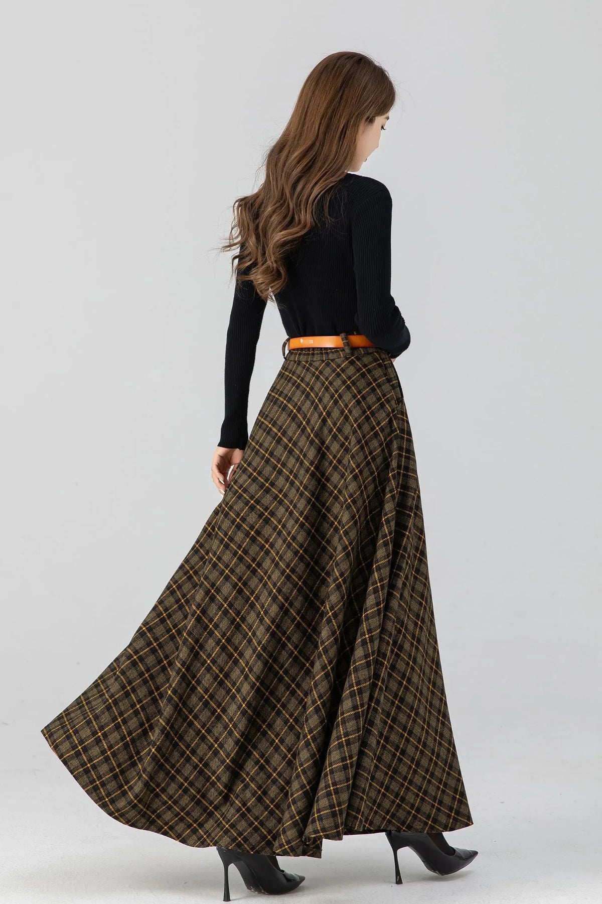 Handmade Brown Plaid Wool Maxi Skirt – High Waist Pleated Winter Long Skirt 