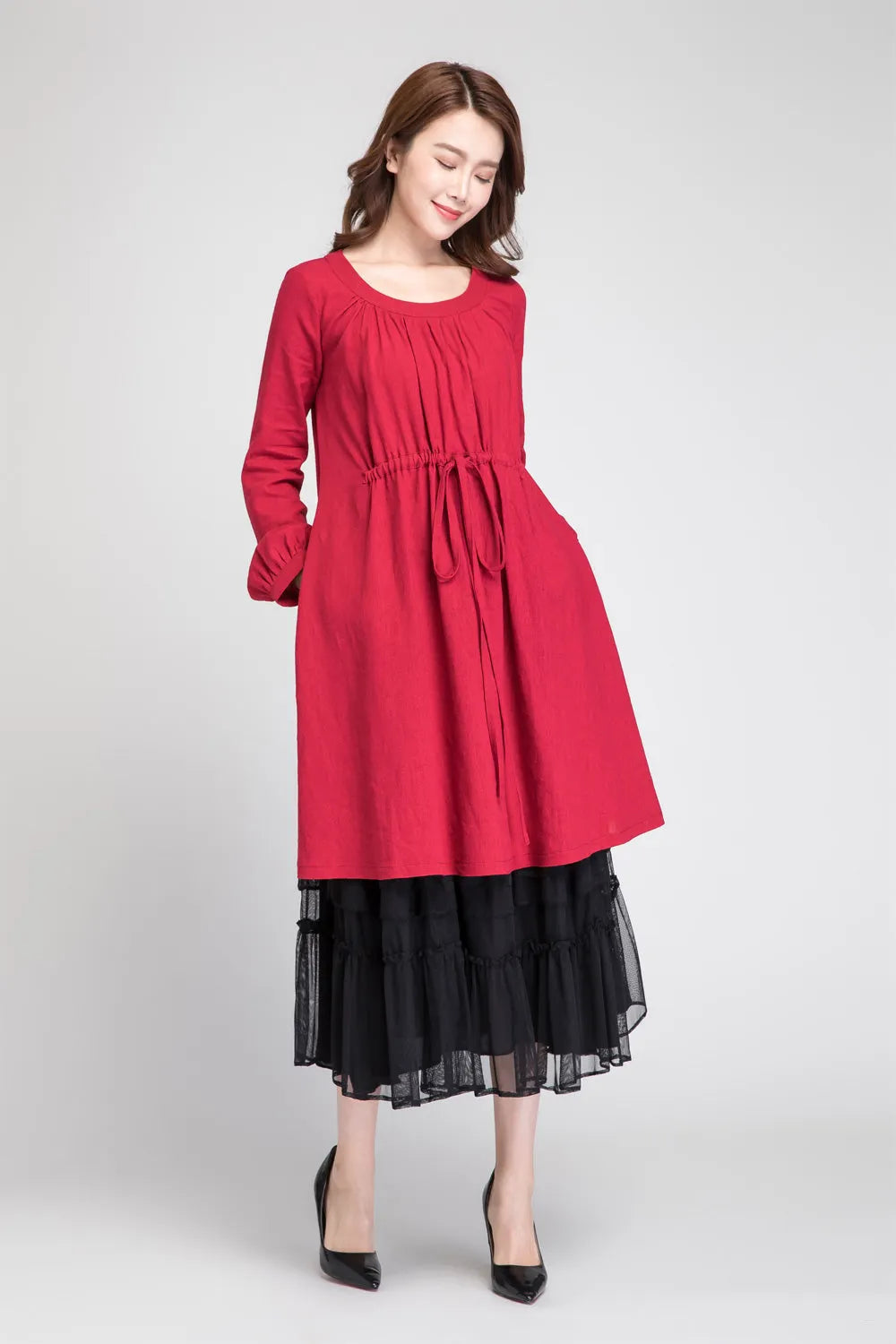 Red Linen Tunic Dress - Drawstring Waist, Pleated Blouson Sleeves 1885