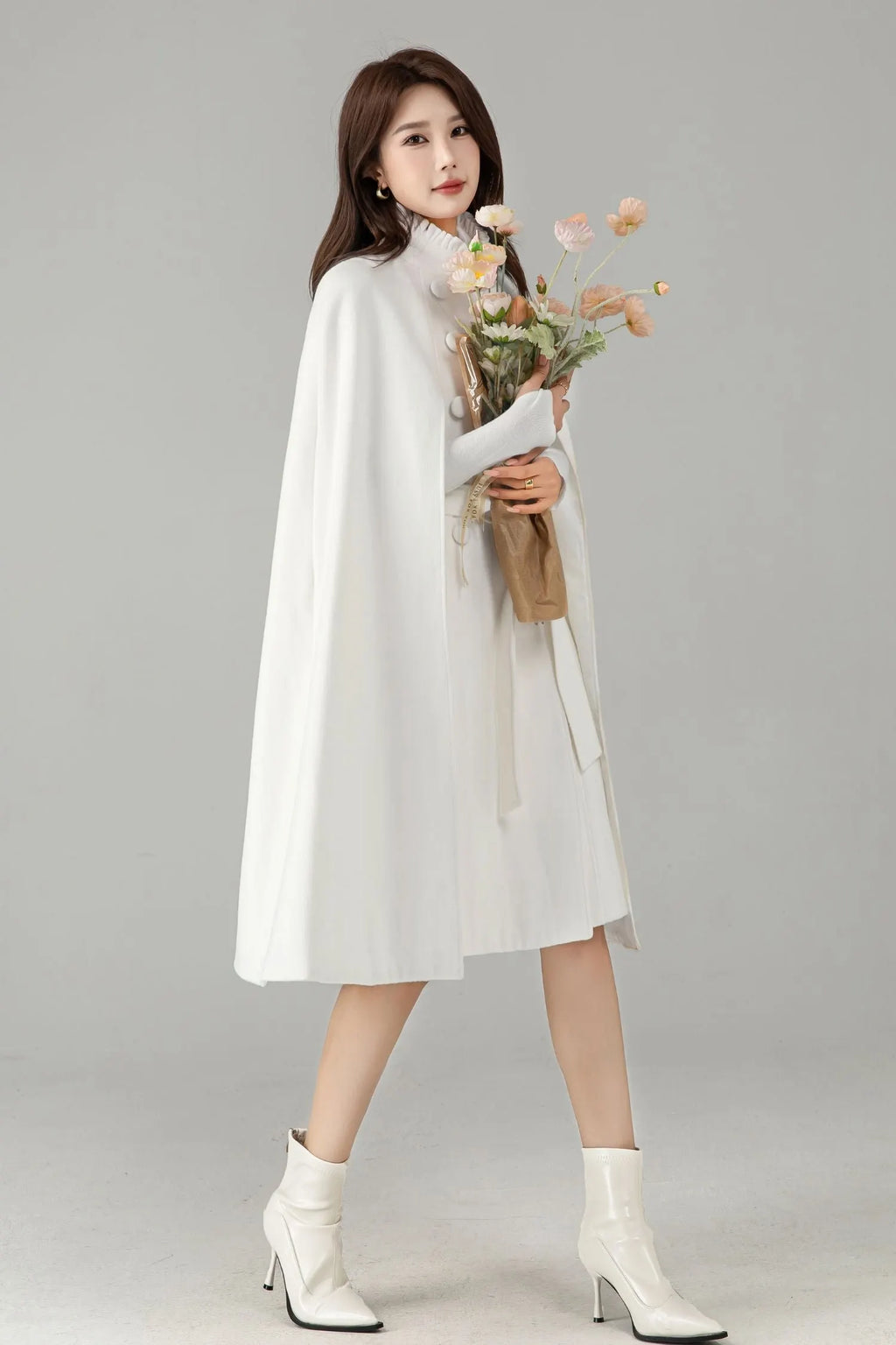 White Wool Cape Coat – Elegant Belted Winter Dress Coat 