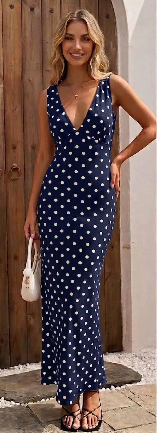 Halter Neck Backless Polka Dot Maxi Dress