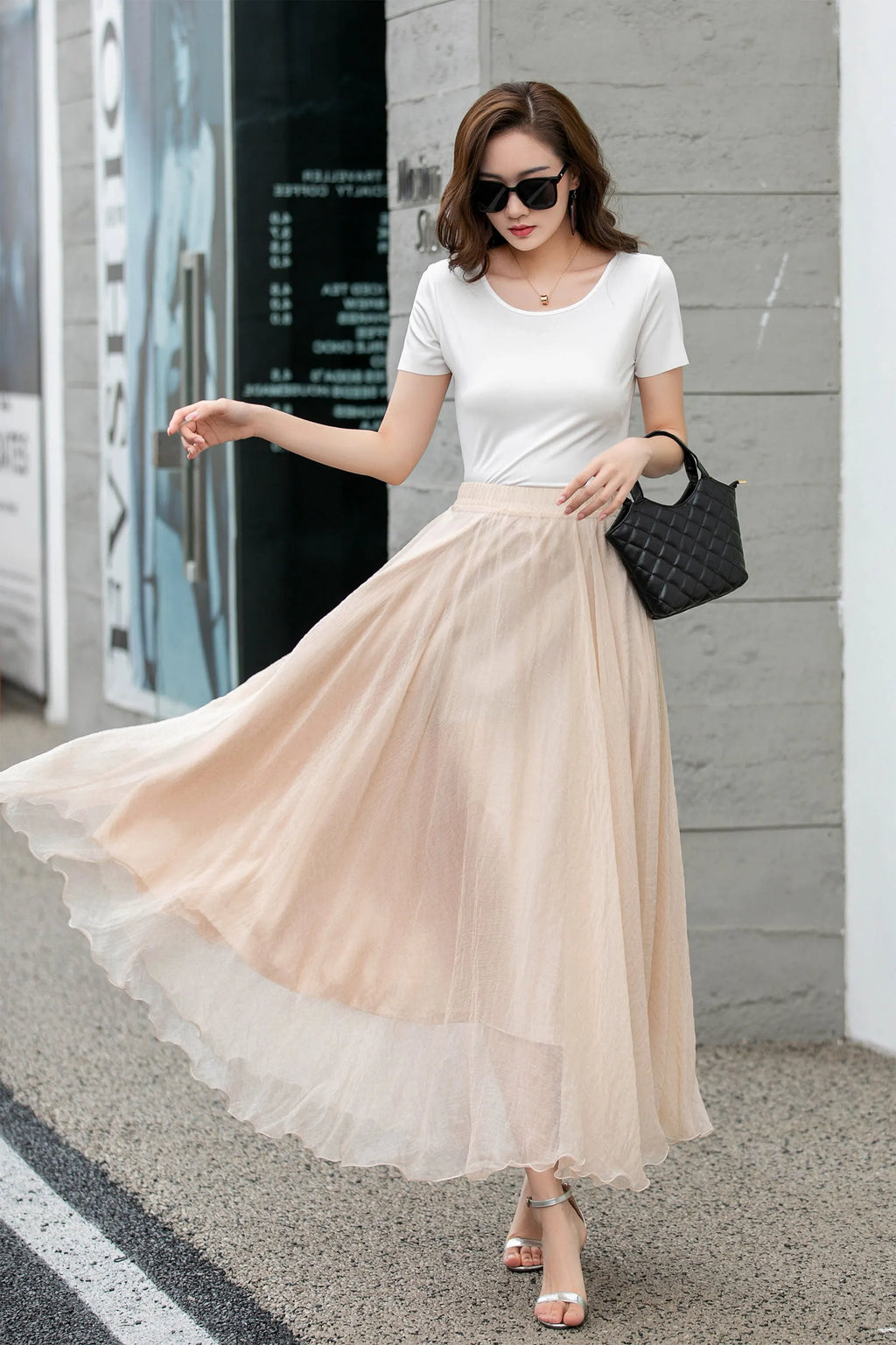 Handmade Beige Chiffon Swing Skirt – Flowing Maxi Circle Skirt 