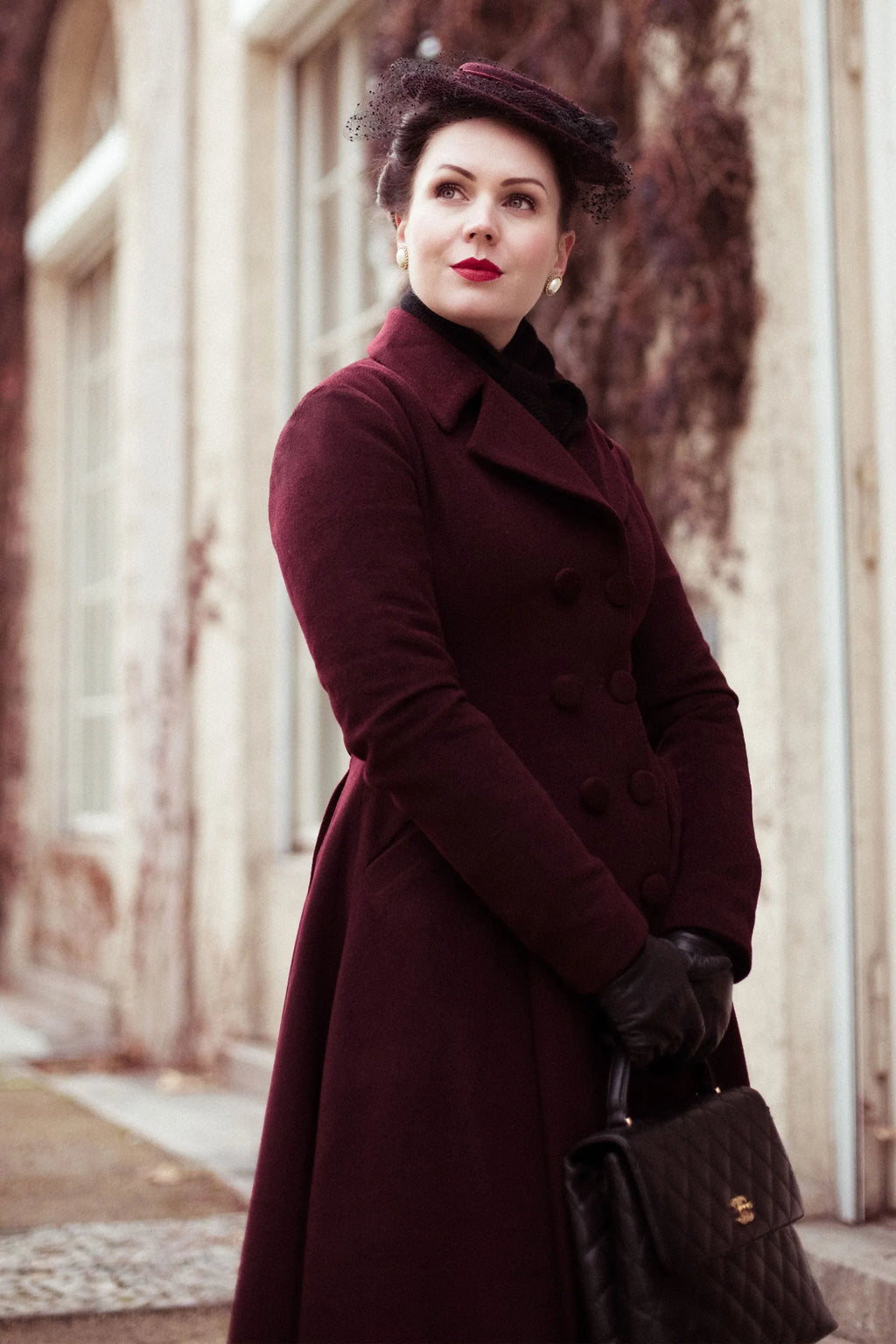 Elegant Burgundy Wool Blend Coat – Handmade A-Line Long Winter Overcoat 
