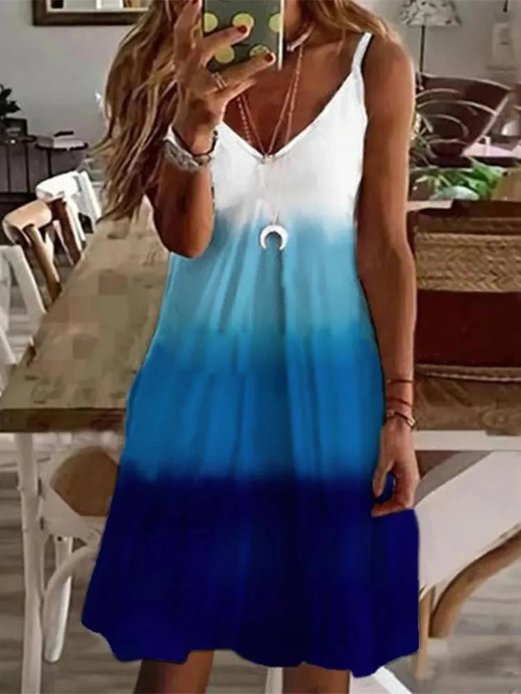 Printed Sling V-Neck Sleeveless Dress