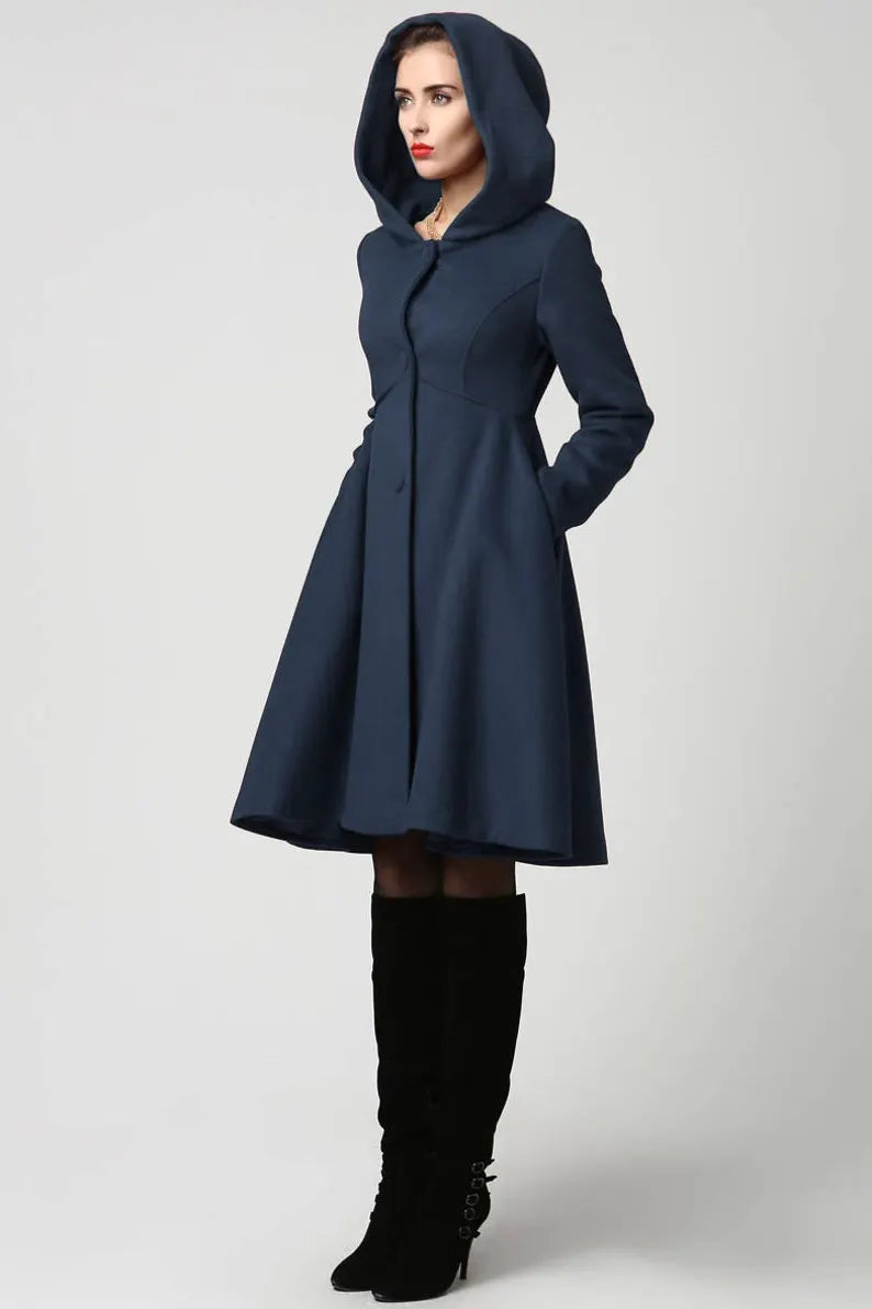Vintage Wool Blend Hooded Coat – Handmade Winter Overcoat 2647