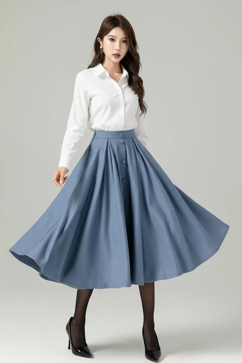 Blue Wool A-Line Midi Swing Skirt – High Waist Winter Skirt with Buttons 6566