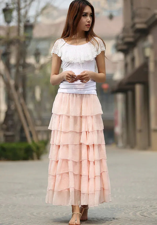 Pink Chiffon Tulle Maxi Skirt - 7-Layer Flowy 