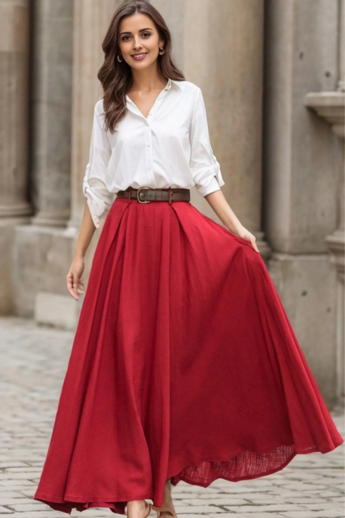 Red Cotton Linen Maxi Skirt - High-Waisted Pleated A-Line Swing 5516