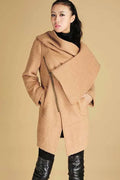 Camel Asymmetrical Wool Coat – Modern Short Winter Coat with Oversized Collar 