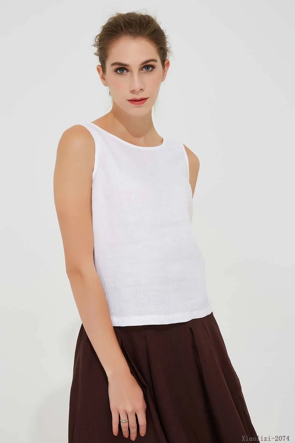 White Linen Sleeveless Tank Top - Soft Round Neck Summer Blouse 2074