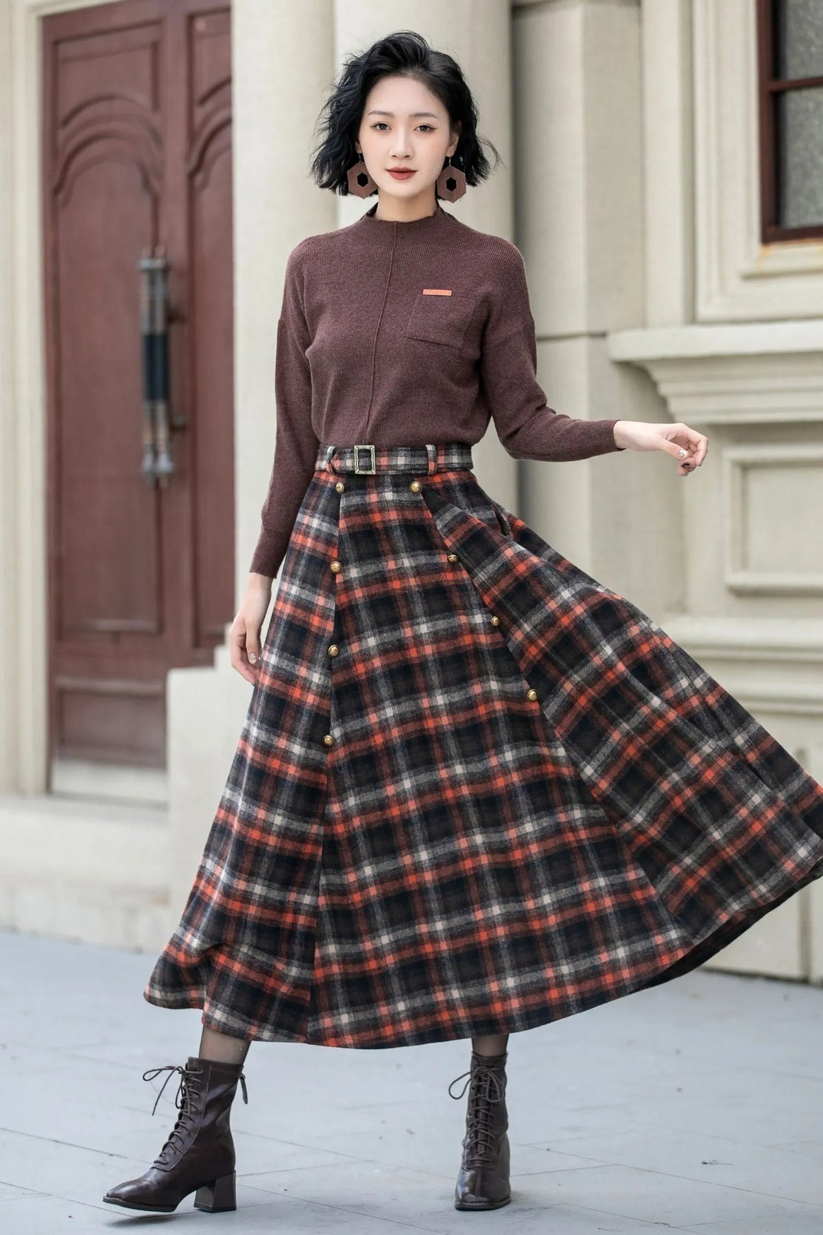 Plaid Wool Midi Skirt - A-Line Silhouette with Belt Waist 5355