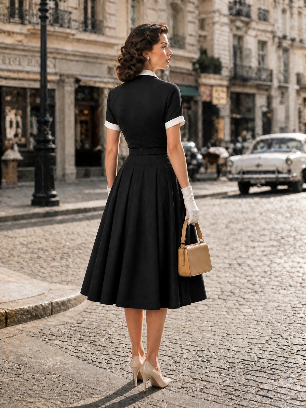 Vintage Black Contrast Double-Breasted Midi Dress