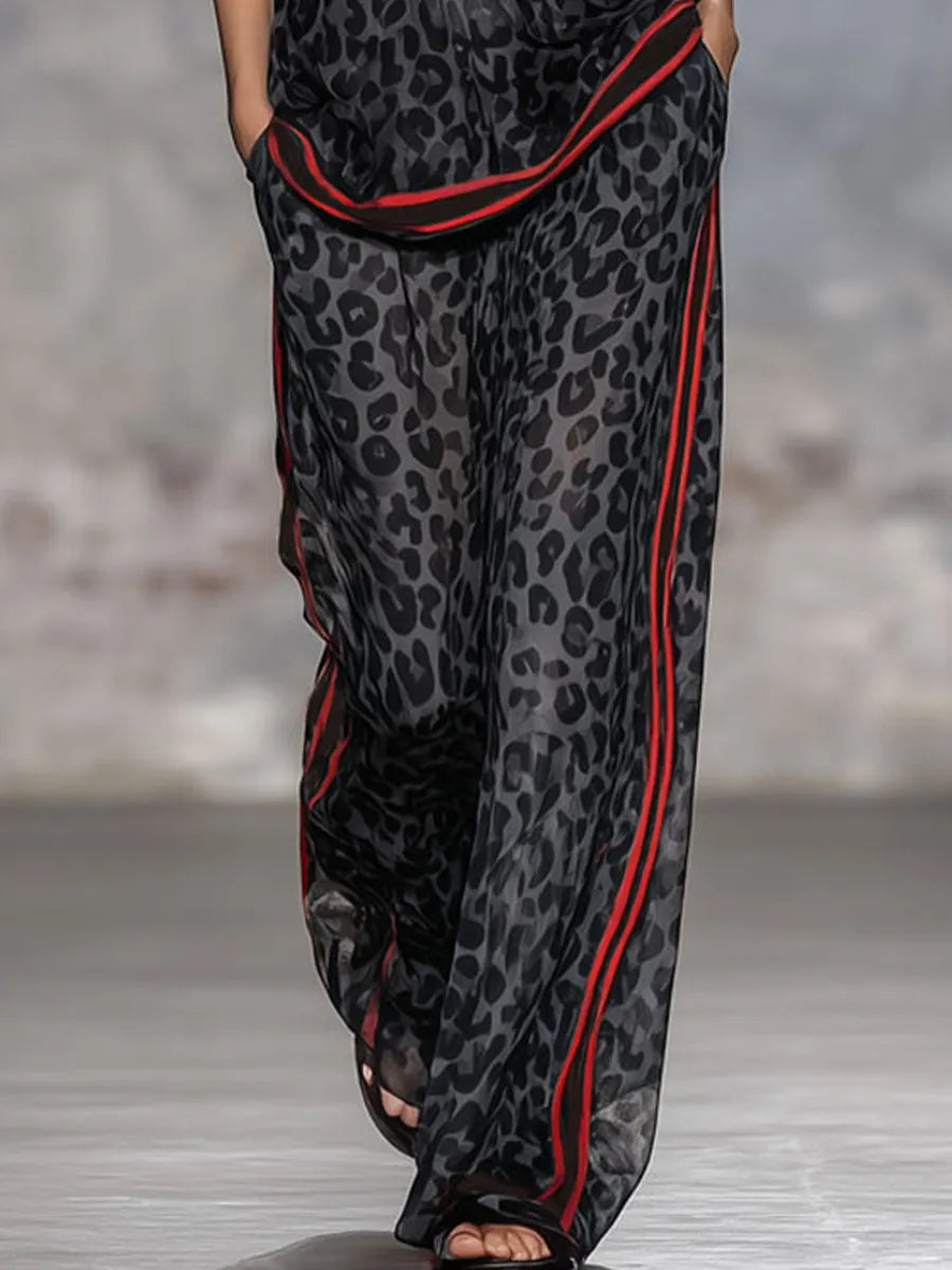 Leopard Print Chiffon Short-sleeved Top And Trousers Set