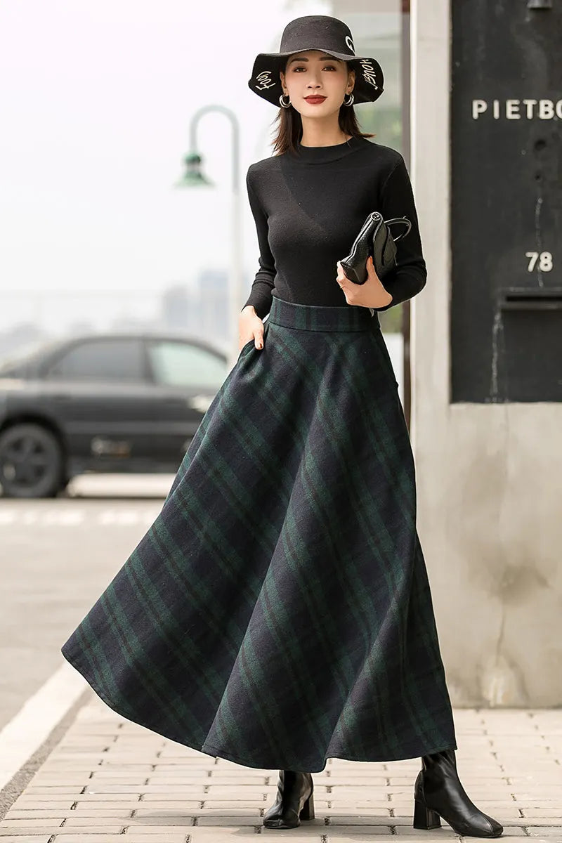Dark Green Plaid Wool Maxi Skirt – Vintage High Waist Winter Skirt with Pockets 2836
