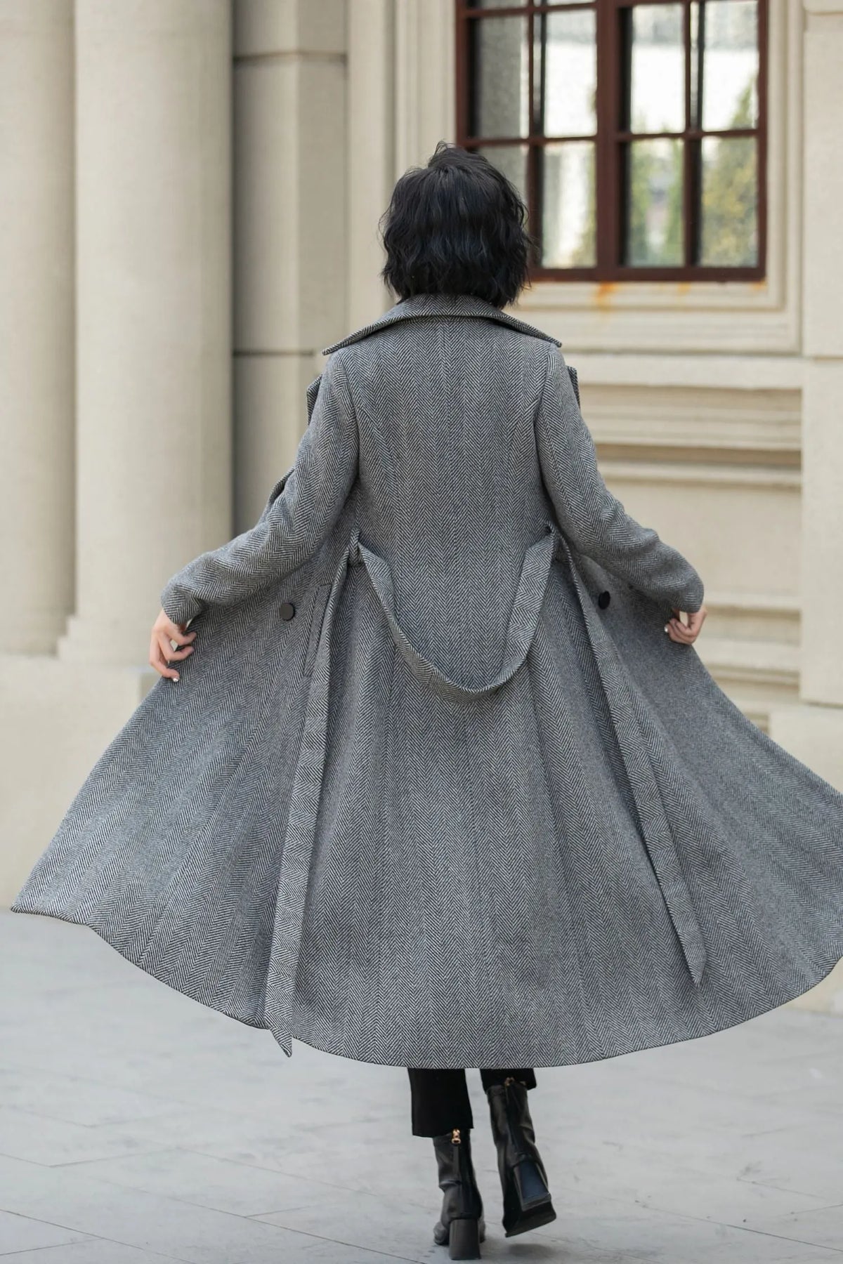Gray Wool Long Trench Coat - Double Breasted Tie Belt 5455